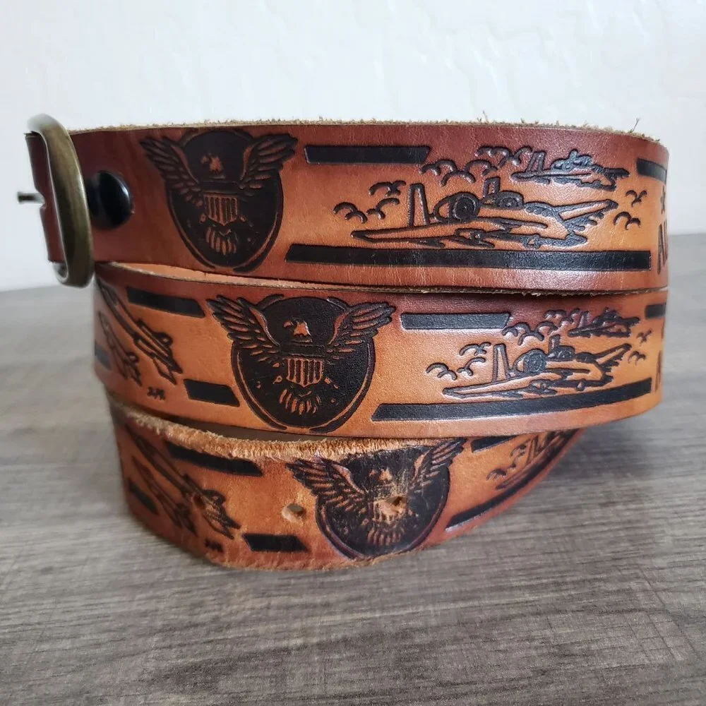 Tooled Genuine Leather U.S. Airforce Belt Jets Eagle Brown Made in USA Mens L/XL